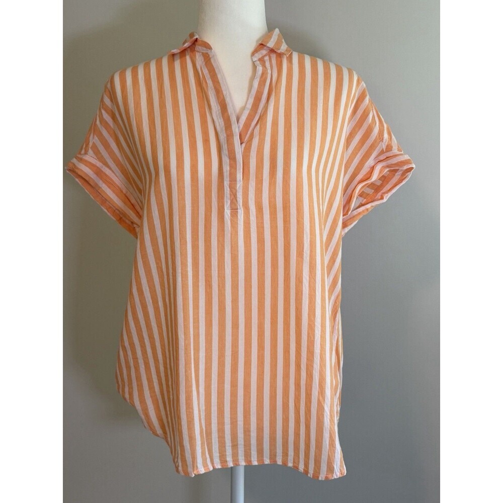 Lola River Chloe Orange and White Striped Short Sleeve Blouse Medium